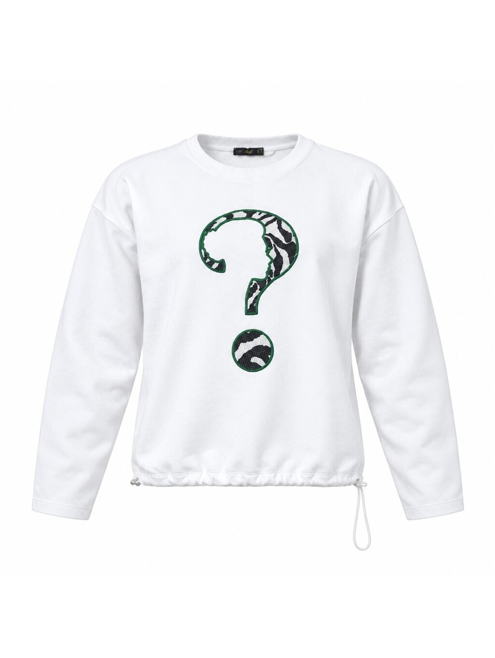 bebe Plus White Sweatshirt with Green and Black Question Mark Design